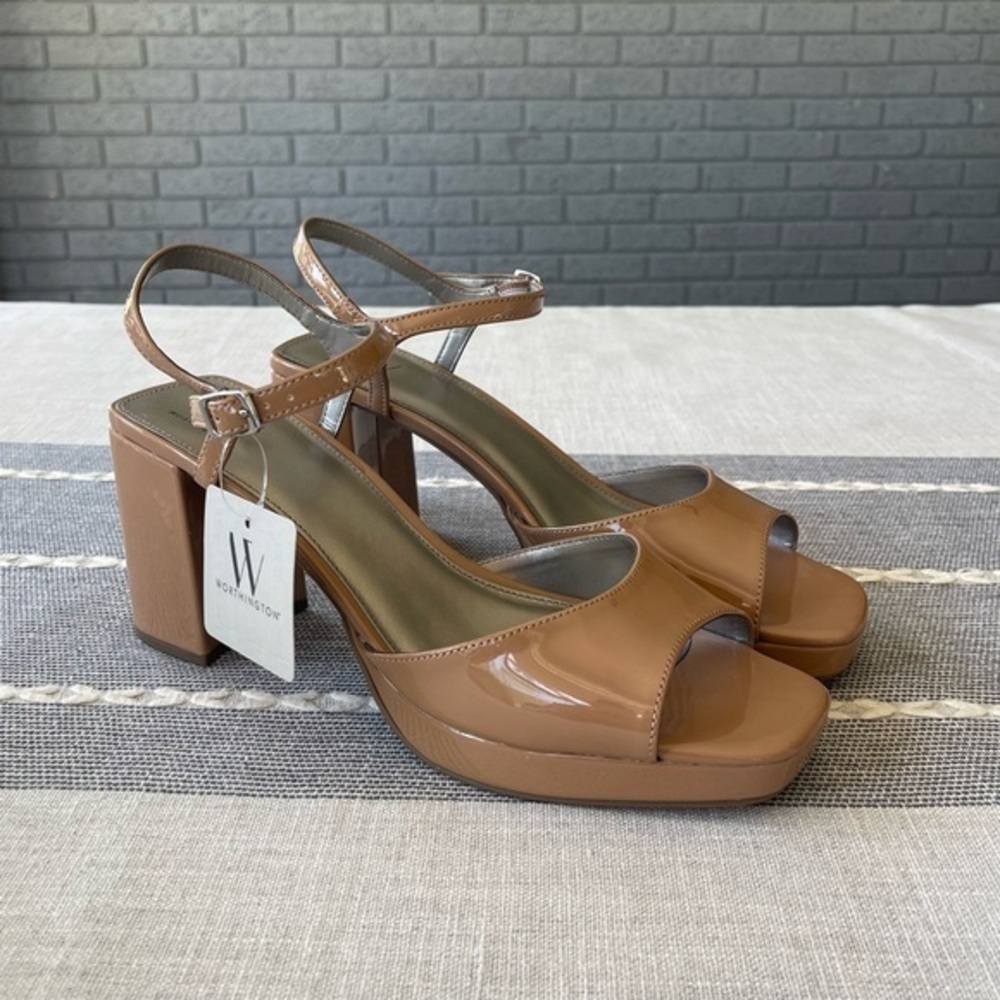 NWT Worthington Lessing Block Heel Sandals Square Toe Camel Tan Size 10